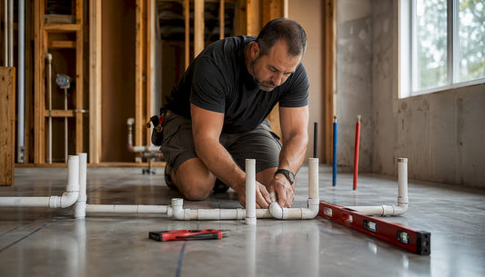 Contractor installing basement bathroom plumbing rough-in
