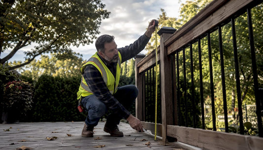 Inspector measuring deck guard height on wood deck