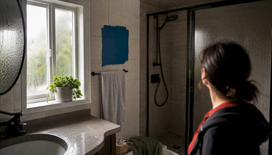 Steam-fogged bathroom with condensation