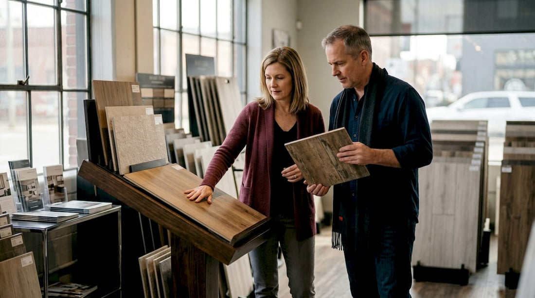 Couple examining bathroom flooring samples