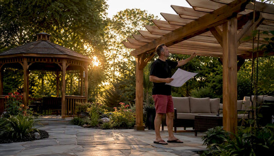 Homeowner comparing pergola and gazebo outdoors