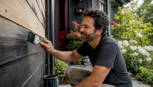 Homeowner painting exterior wooden siding with brush
