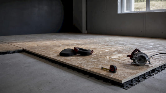 Basement subfloor panels and tools in unfinished basement