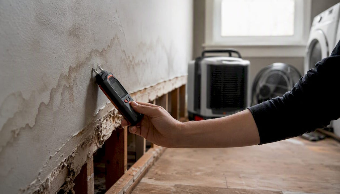 Close-up of wet drywall with moisture meter probe