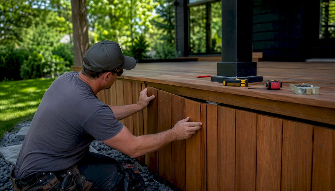 Contractor installing composite deck skirting