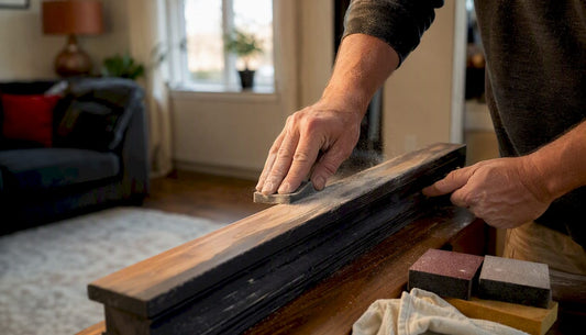 Hands sanding wood trim before painting