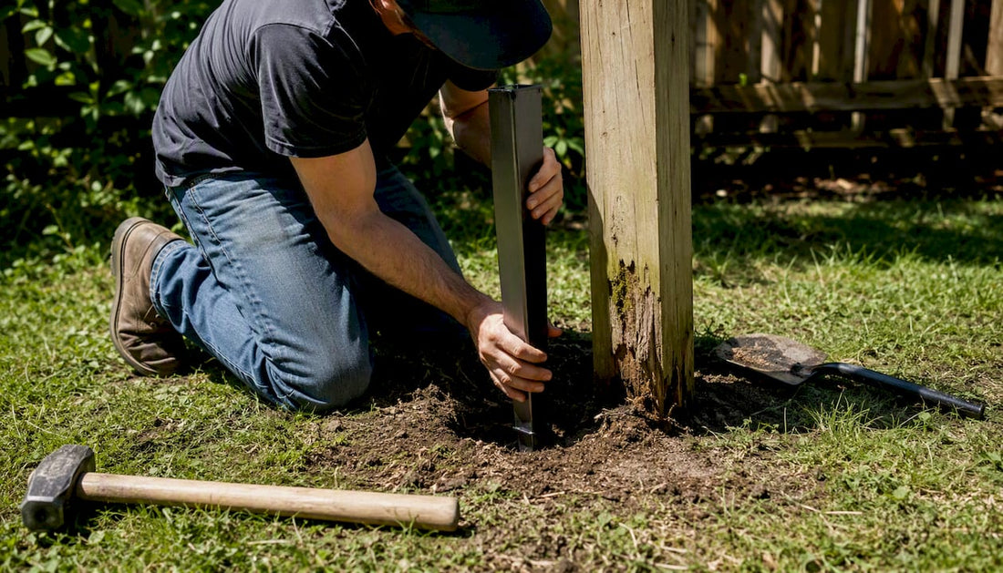 Homeowner driving steel spike into fence post