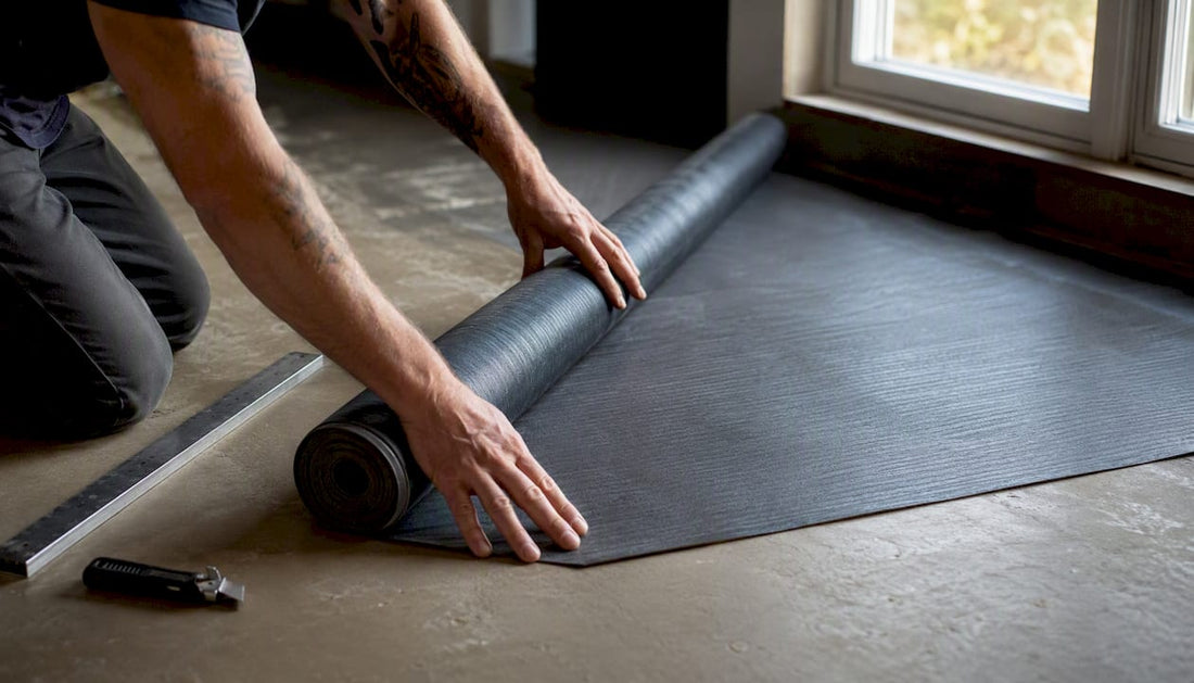 Hands installing vinyl plank underlayment