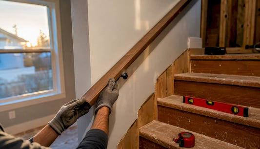 Hands fitting stair handrail indoors