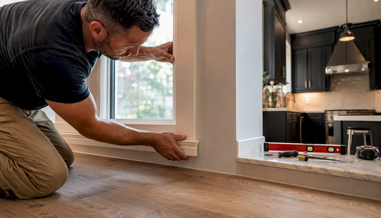 Hands installing painted wood window trim
