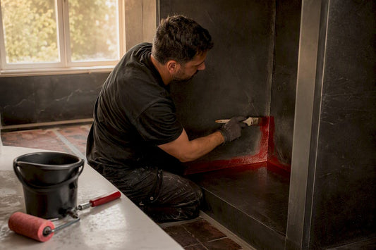 Hand applying waterproof membrane in shower corner