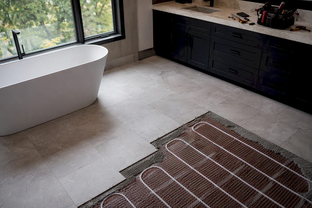 Newly installed heated bathroom floor tiles