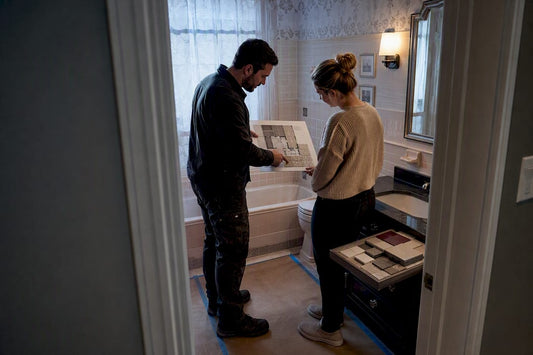 Contractor and homeowner planning bathroom renovation
