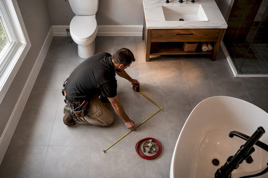 Contractor measuring existing bathroom plumbing locations
