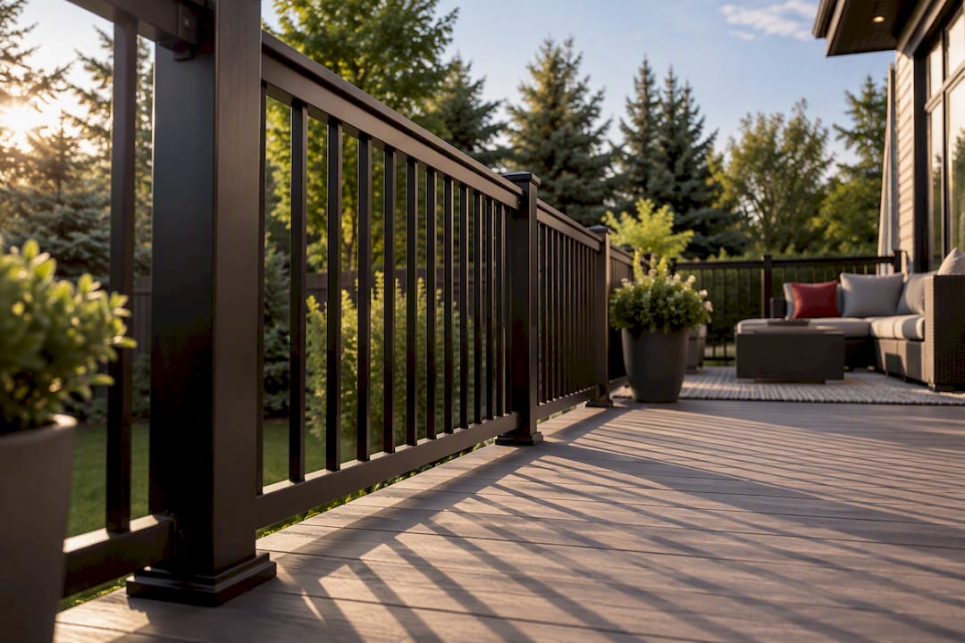 Modern deck railing profile above backyard deck