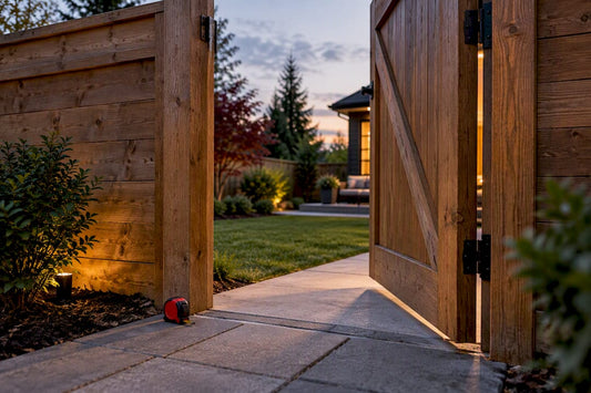 Open residential fence gate between posts